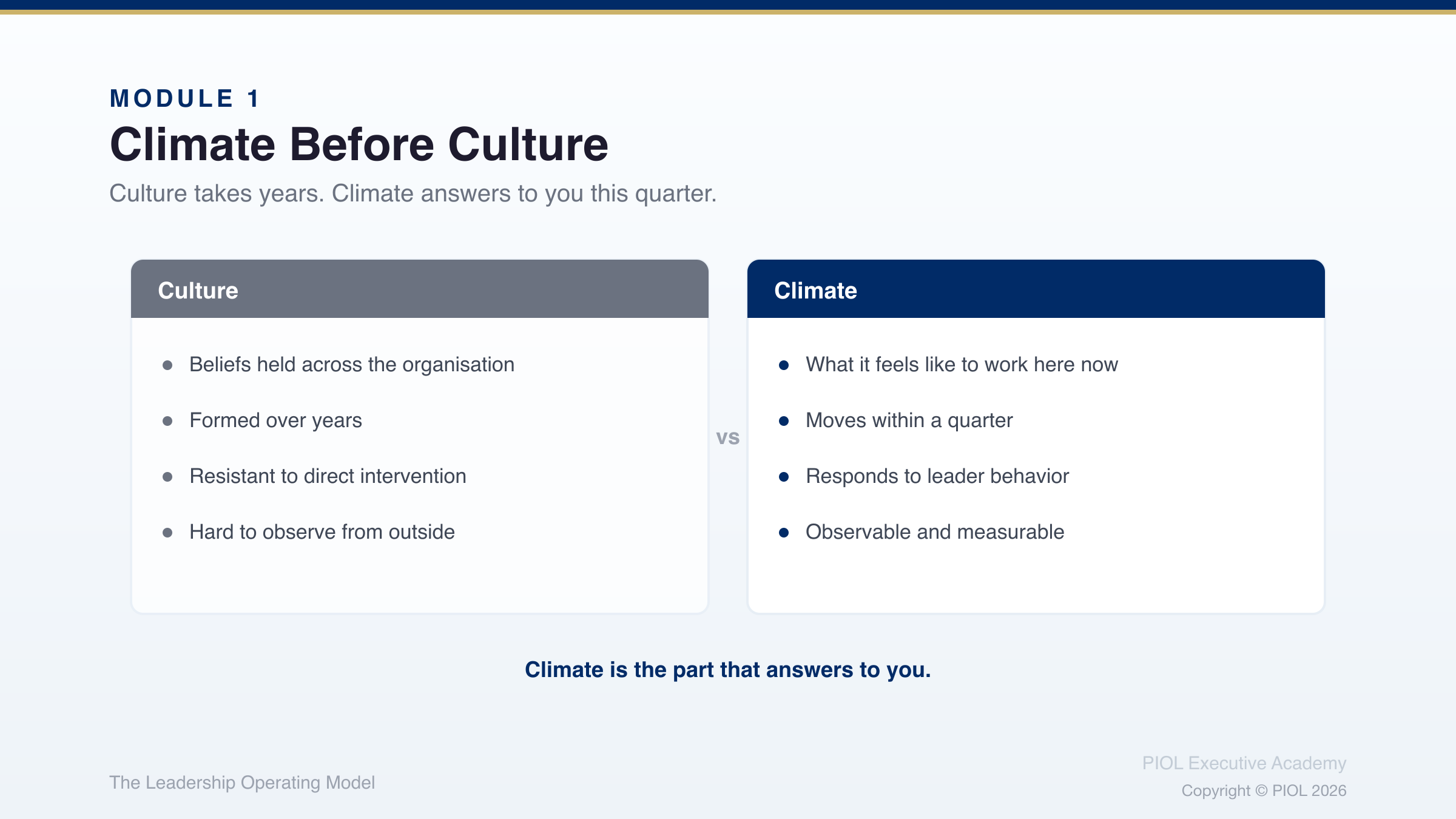 Two columns set side by side. Culture: beliefs held across the organisation, formed over years, resistant to direct intervention and hard to observe from outside. Climate: what it feels like to work here now, moves within a quarter, responds to leader behavior and observable and measurable. Beneath them: Climate is the part that answers to you.
